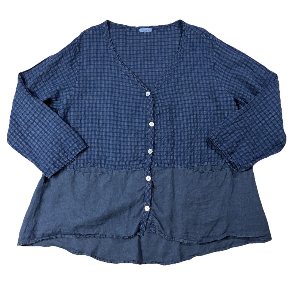Linnea Long Sleeve Button Up Linen Blend Tunic Blue Women's XL Lagenlook Artsy